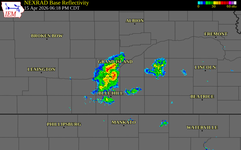 NEXRAD radar during the Wednesday, April 15, 2026 storm activity in Adams County, Nebraska