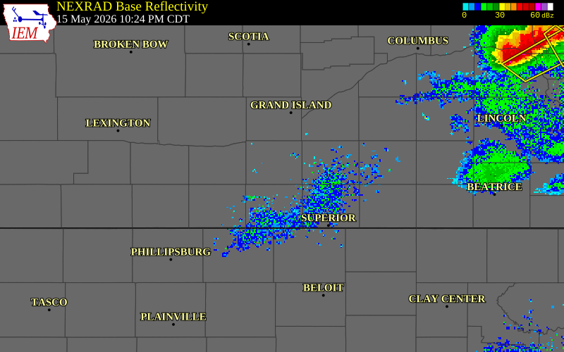 NEXRAD radar during the Friday, May 15, 2026 storm activity in Adams County, Nebraska