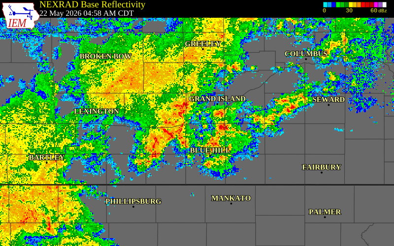 NEXRAD radar during the Friday, May 22, 2026 storm activity in Adams County, Nebraska