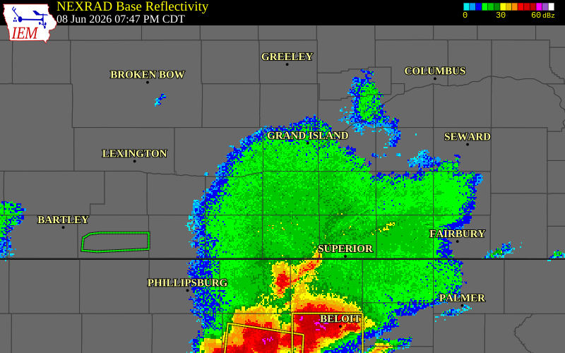 NEXRAD radar during the Monday, June 8, 2026 storm activity in Adams County, Nebraska