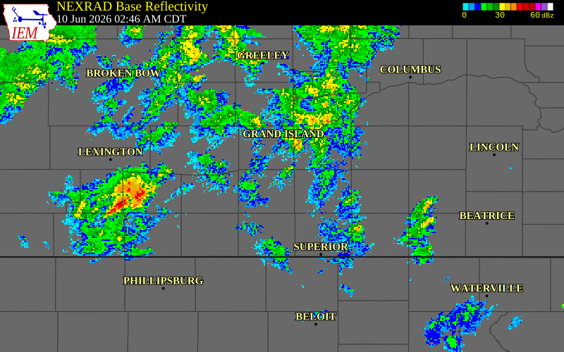 NEXRAD radar during the Wednesday, June 10, 2026 storm activity in Adams County, Nebraska