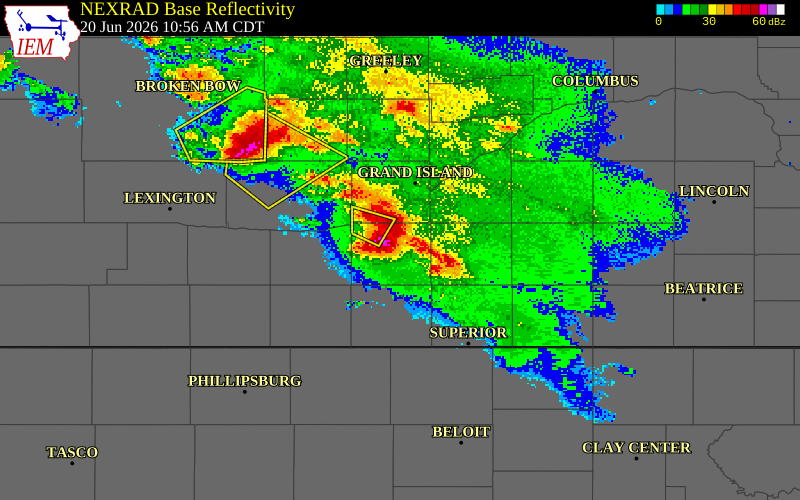 NEXRAD radar during the Saturday, June 20, 2026 storm activity in Adams County, Nebraska