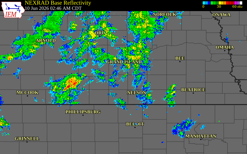 Radar snapshot during the Jun 10, 2026 hail event near Hastings NWS Office, Adams County, Nebraska, with NWS warning polygons