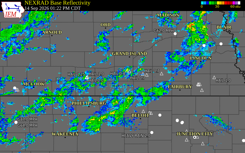 Current NEXRAD radar over Adams County, Nebraska with recent storm report locations