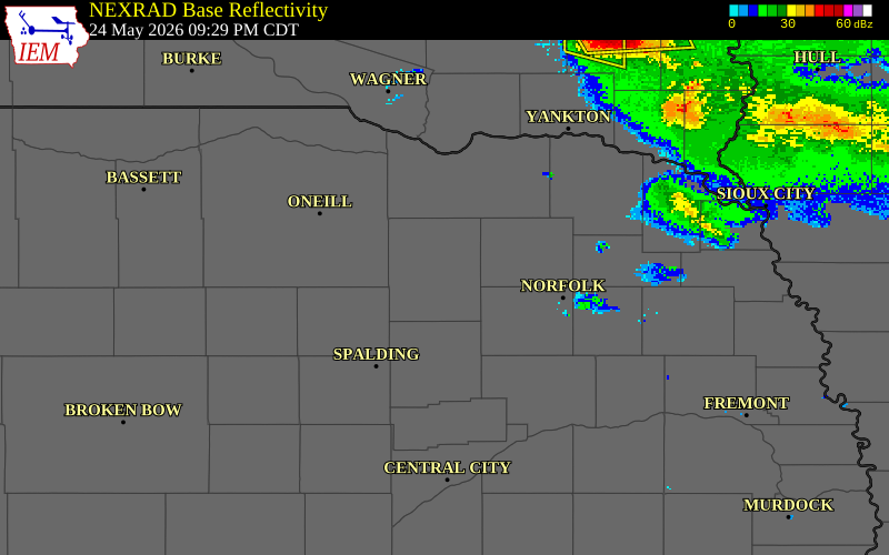 NEXRAD radar during the Sunday, May 24, 2026 storm activity in Antelope County, Nebraska