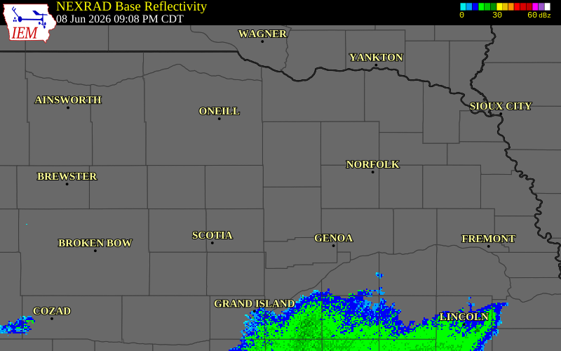 NEXRAD radar during the Monday, June 8, 2026 storm activity in Antelope County, Nebraska