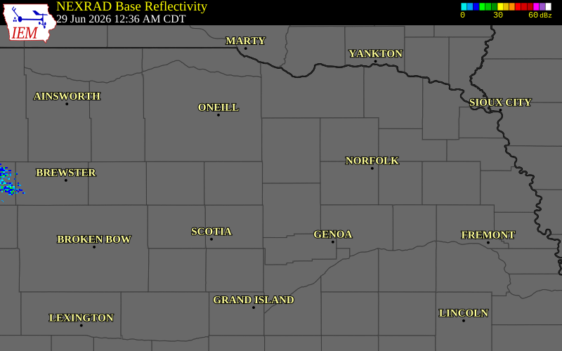 NEXRAD radar during the Monday, June 29, 2026 storm activity in Antelope County, Nebraska