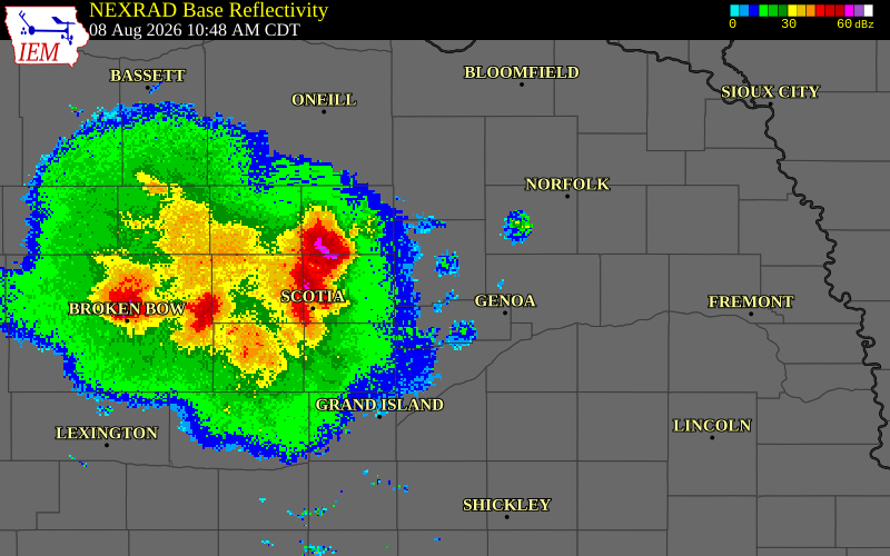 NEXRAD radar during the Saturday, August 8, 2026 storm activity in Antelope County, Nebraska