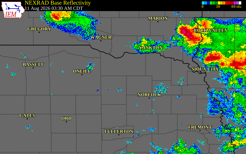 NEXRAD radar during the Tuesday, August 11, 2026 storm activity in Antelope County, Nebraska