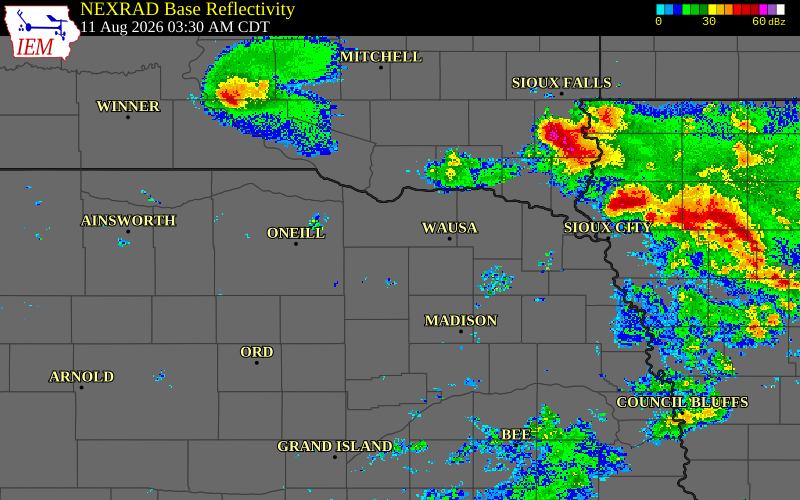 Radar snapshot during the Aug 11, 2026 wind event near 3 S Creighton, Antelope County, Nebraska, with NWS warning polygons