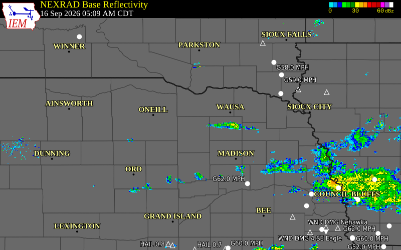 Current NEXRAD radar over Antelope County, Nebraska with recent storm report locations