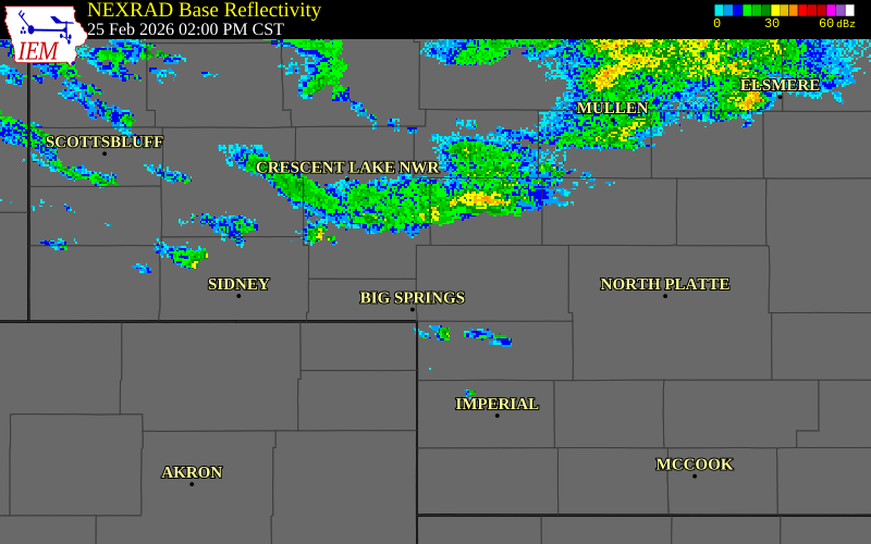 NEXRAD radar during the Wednesday, February 25, 2026 storm activity in Arthur County, Nebraska
