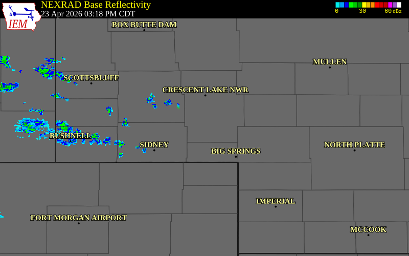 NEXRAD radar during the Thursday, April 23, 2026 storm activity in Arthur County, Nebraska