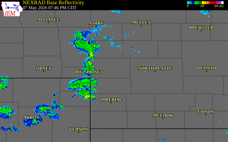 NEXRAD radar during the Thursday, May 7, 2026 storm activity in Arthur County, Nebraska