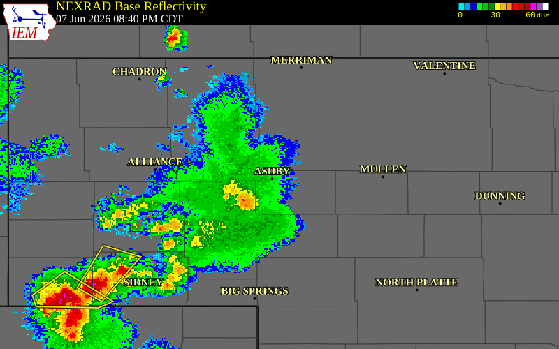 NEXRAD radar during the Sunday, June 7, 2026 storm activity in Arthur County, Nebraska