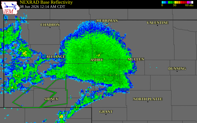 NEXRAD radar during the Monday, June 8, 2026 storm activity in Arthur County, Nebraska