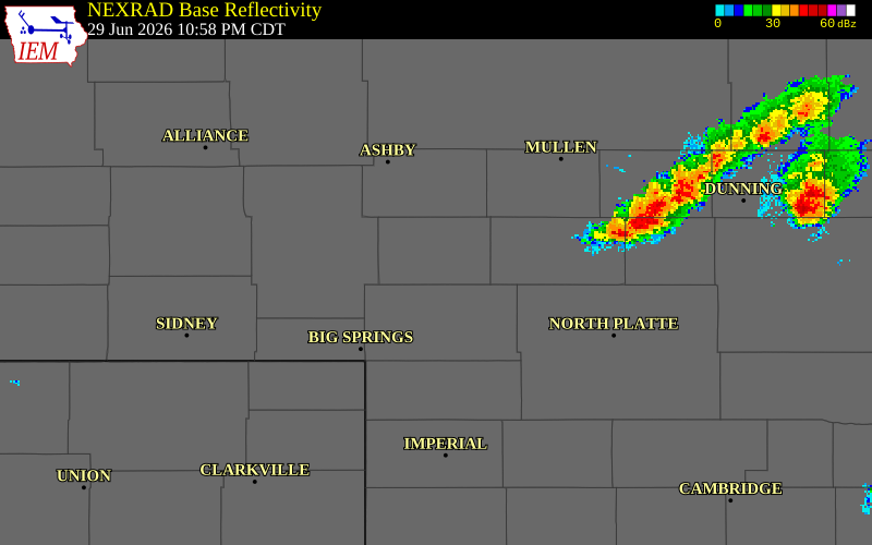 NEXRAD radar during the Monday, June 29, 2026 storm activity in Arthur County, Nebraska