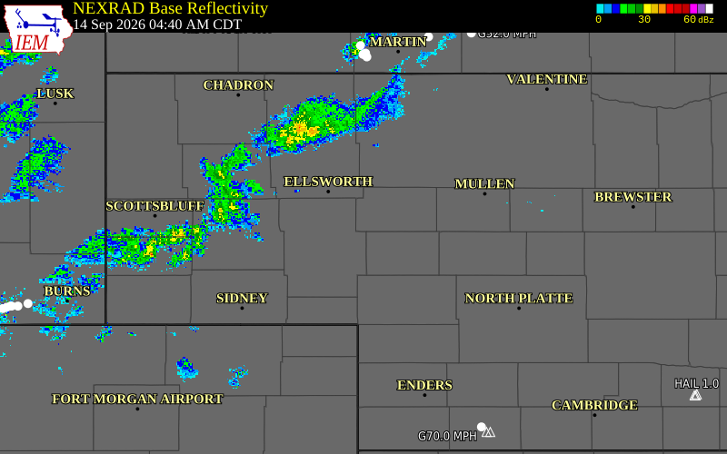 Current NEXRAD radar over Arthur County, Nebraska with recent storm report locations
