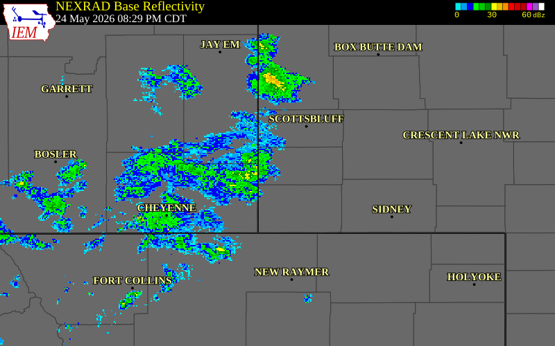 NEXRAD radar during the Sunday, May 24, 2026 storm activity in Banner County, Nebraska