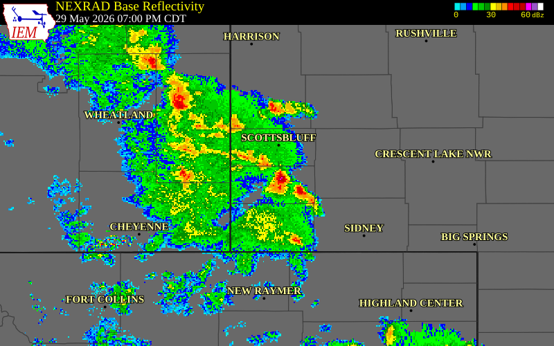 NEXRAD radar during the Friday, May 29, 2026 storm activity in Banner County, Nebraska