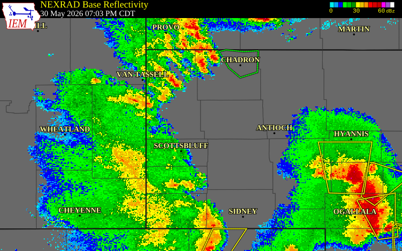 NEXRAD radar during the Saturday, May 30, 2026 storm activity in Banner County, Nebraska