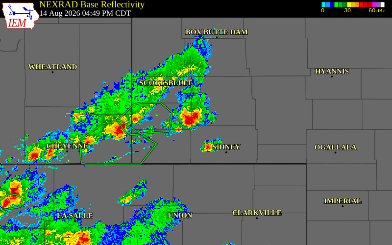 NEXRAD radar during the Friday, August 14, 2026 storm activity in Banner County, Nebraska