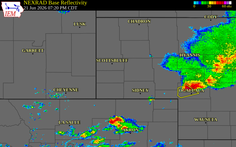 Radar snapshot during the Jun 21, 2026 hail event near 10 SW Mcgrew, Banner County, Nebraska, with NWS warning polygons