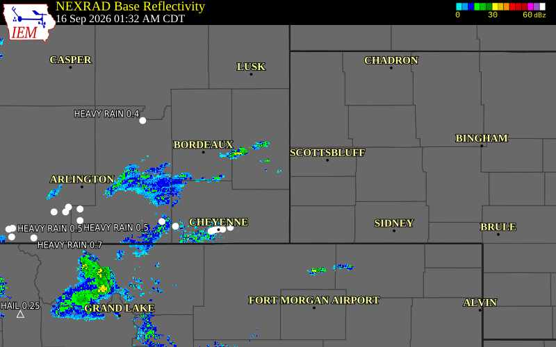 Current NEXRAD radar over Banner County, Nebraska with recent storm report locations