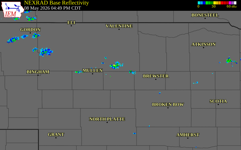 NEXRAD radar during the Friday, May 8, 2026 storm activity in Blaine County, Nebraska