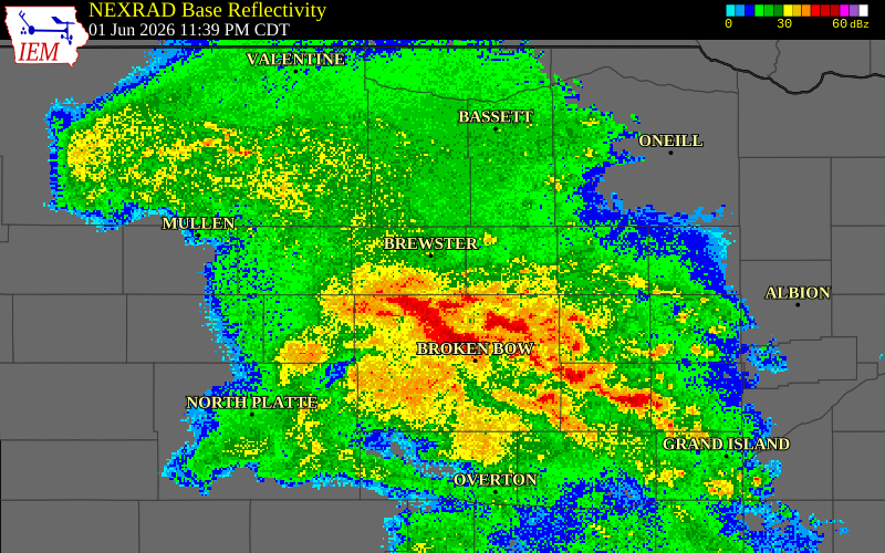 NEXRAD radar during the Monday, June 1, 2026 storm activity in Blaine County, Nebraska
