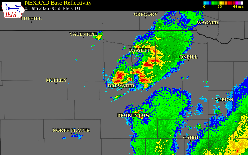 NEXRAD radar during the Wednesday, June 3, 2026 storm activity in Blaine County, Nebraska