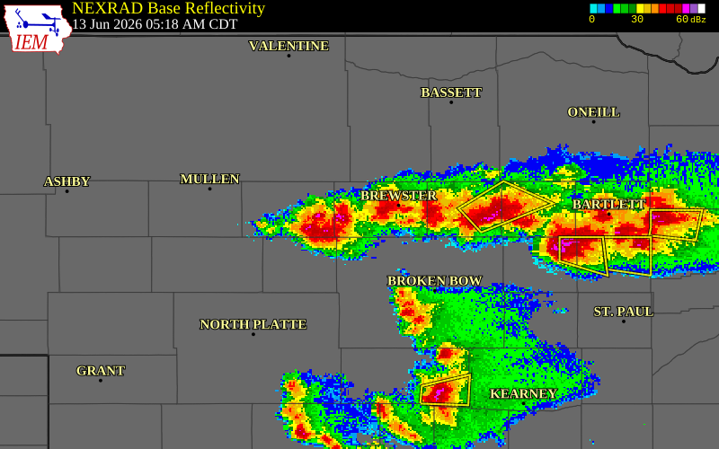 NEXRAD radar during the Saturday, June 13, 2026 storm activity in Blaine County, Nebraska