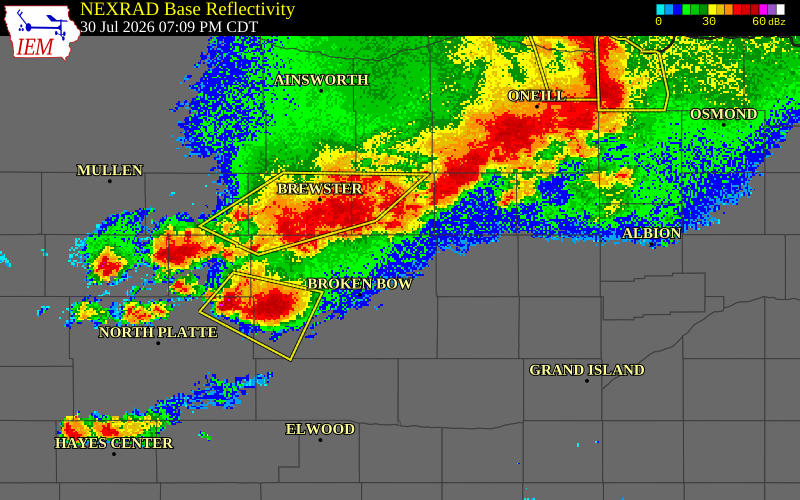 NEXRAD radar during the Thursday, July 30, 2026 storm activity in Blaine County, Nebraska