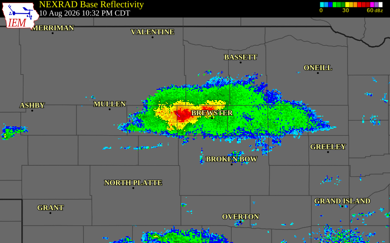 NEXRAD radar during the Monday, August 10, 2026 storm activity in Blaine County, Nebraska