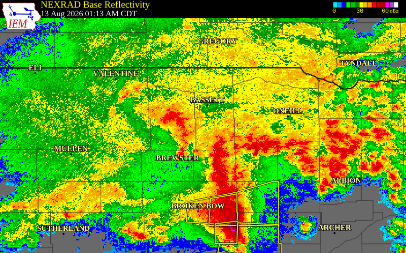 NEXRAD radar during the Thursday, August 13, 2026 storm activity in Blaine County, Nebraska