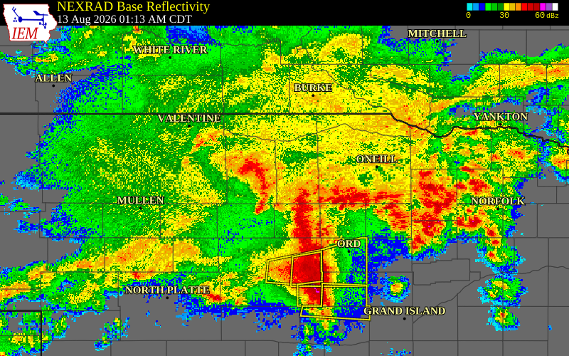 Radar snapshot during the Aug 13, 2026 wind event near Blaine County, Blaine County, Nebraska, with NWS warning polygons
