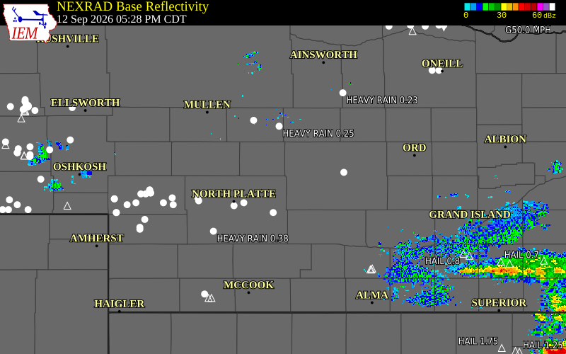 Current NEXRAD radar over Blaine County, Nebraska with recent storm report locations