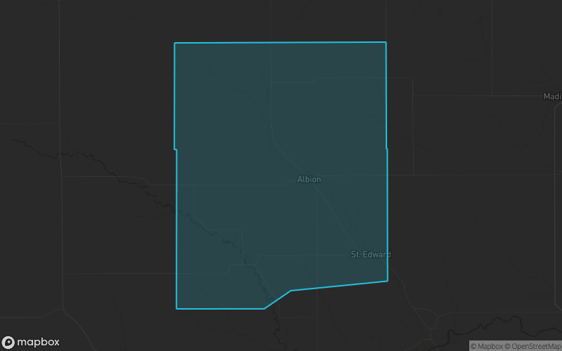 Map of Boone County, Nebraska showing the county boundary and surrounding cities
