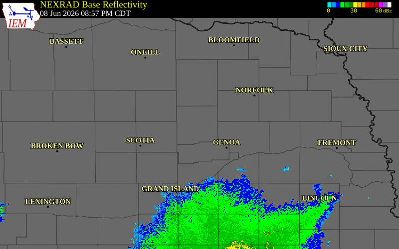 NEXRAD radar during the Monday, June 8, 2026 storm activity in Boone County, Nebraska