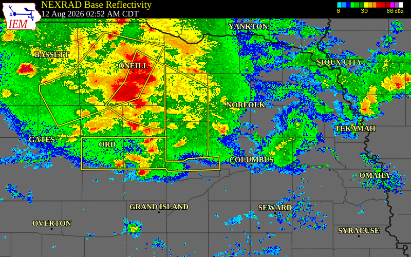 NEXRAD radar during the Wednesday, August 12, 2026 storm activity in Boone County, Nebraska
