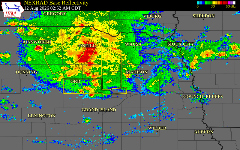Radar snapshot during the Aug 12, 2026 wind event near 8 NNW Newman Grove, Boone County, Nebraska, with NWS warning polygons