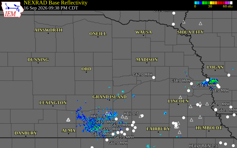 Current NEXRAD radar over Boone County, Nebraska with recent storm report locations