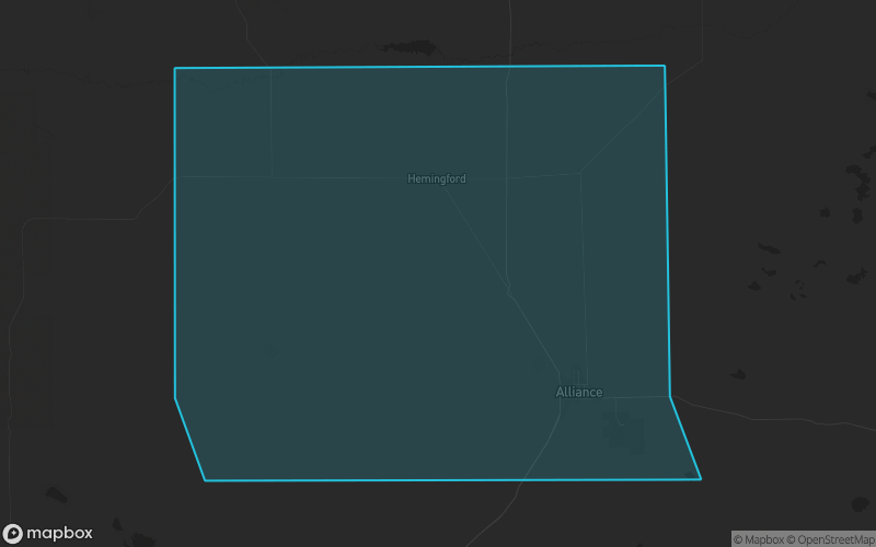 Map of Box Butte County, Nebraska showing the county boundary and surrounding cities