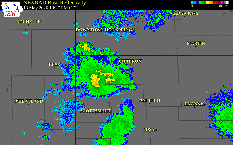 NEXRAD radar during the Wednesday, May 13, 2026 storm activity in Box Butte County, Nebraska