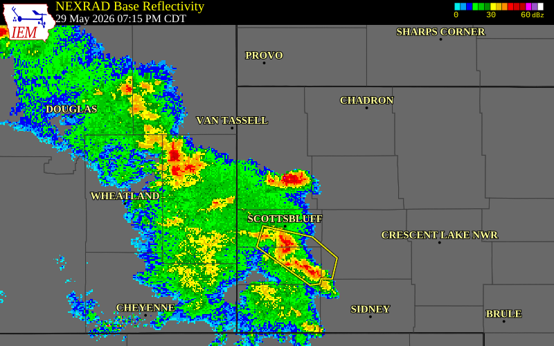 NEXRAD radar during the Friday, May 29, 2026 storm activity in Box Butte County, Nebraska