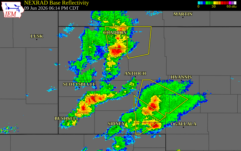 NEXRAD radar during the Tuesday, June 9, 2026 storm activity in Box Butte County, Nebraska