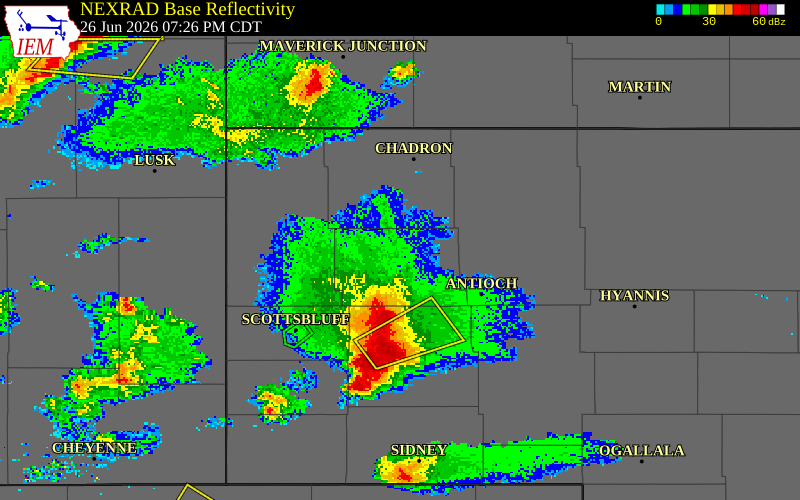NEXRAD radar during the Friday, June 26, 2026 storm activity in Box Butte County, Nebraska