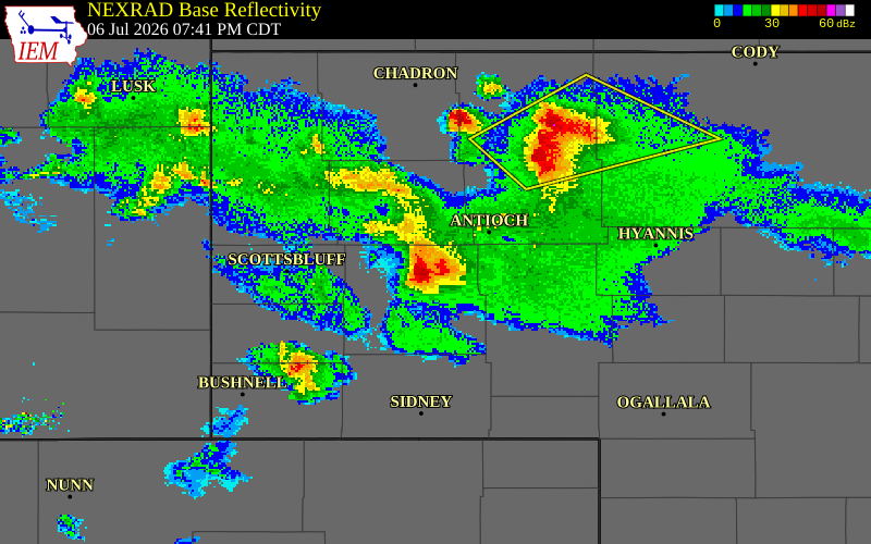 NEXRAD radar during the Monday, July 6, 2026 storm activity in Box Butte County, Nebraska