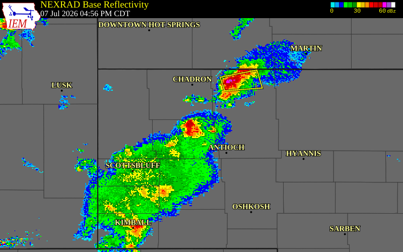 NEXRAD radar during the Tuesday, July 7, 2026 storm activity in Box Butte County, Nebraska