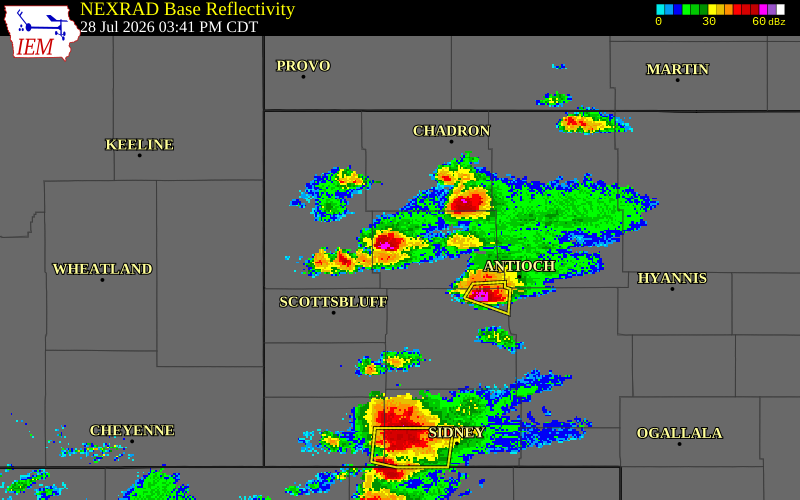 NEXRAD radar during the Tuesday, July 28, 2026 storm activity in Box Butte County, Nebraska